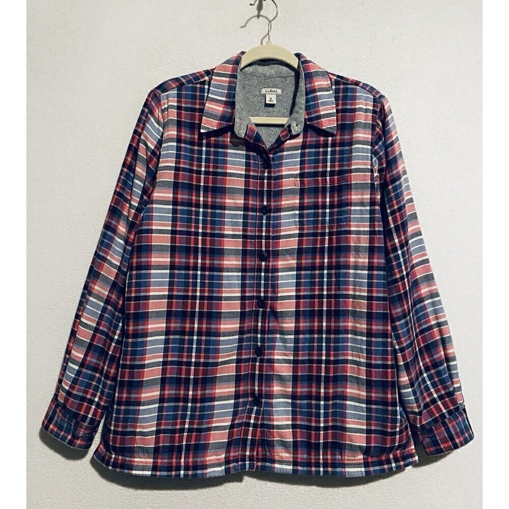 LL Bean Top Womens Medium Pink Blue Plaid Fleece Lined Button Up Long Sleeve